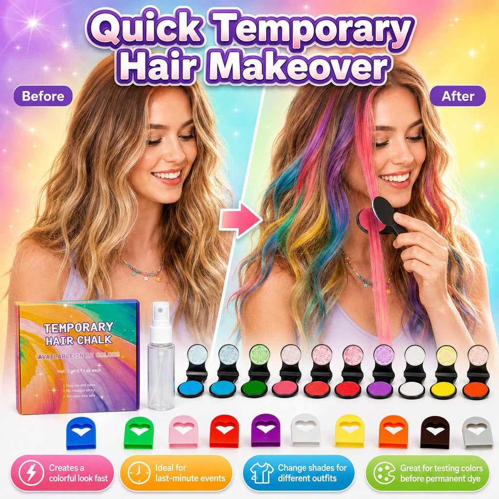 🌈 Craies Colorantes Temporaires pour Cheveux | 12 Couleurs Vibrantes 🎨 | Application Facile 🖐️ | Lavables au Shampooing 🧼 | Parfaites pour Fêtes et Cosplay 🎉