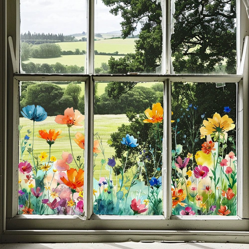 🌸🪩 Autocollant Décoratif de Fenêtre Bouquet Floral – Impression Recto-Verso, PVC Lavable, 30x60cm, Découpable – 12 Styles : Fleurs, Papillons & Peintures 🪴✨