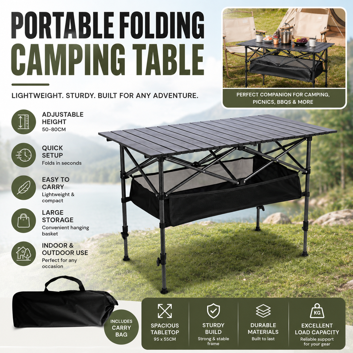 ⛰️🏏 Table de Camping Pliante en Acier au Carbone – Montage Sans Outils, Plateau 95x55cm, 2 Tailles Réglables, Sac Inclus – Pique-nique, Plein air & Jardin 🌳
