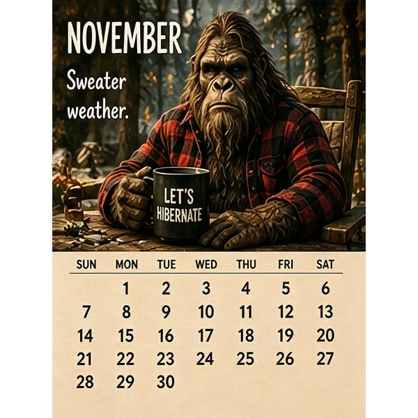 🦶 Calendrier 2027 La Vie Quotidienne de Bigfoot 🌲😄 - 12 Illustrations Exclusives | Format A4 | Papier Premium | Reliure Spirale | Cadeau Parfait | 50% DE RÉDUCTION