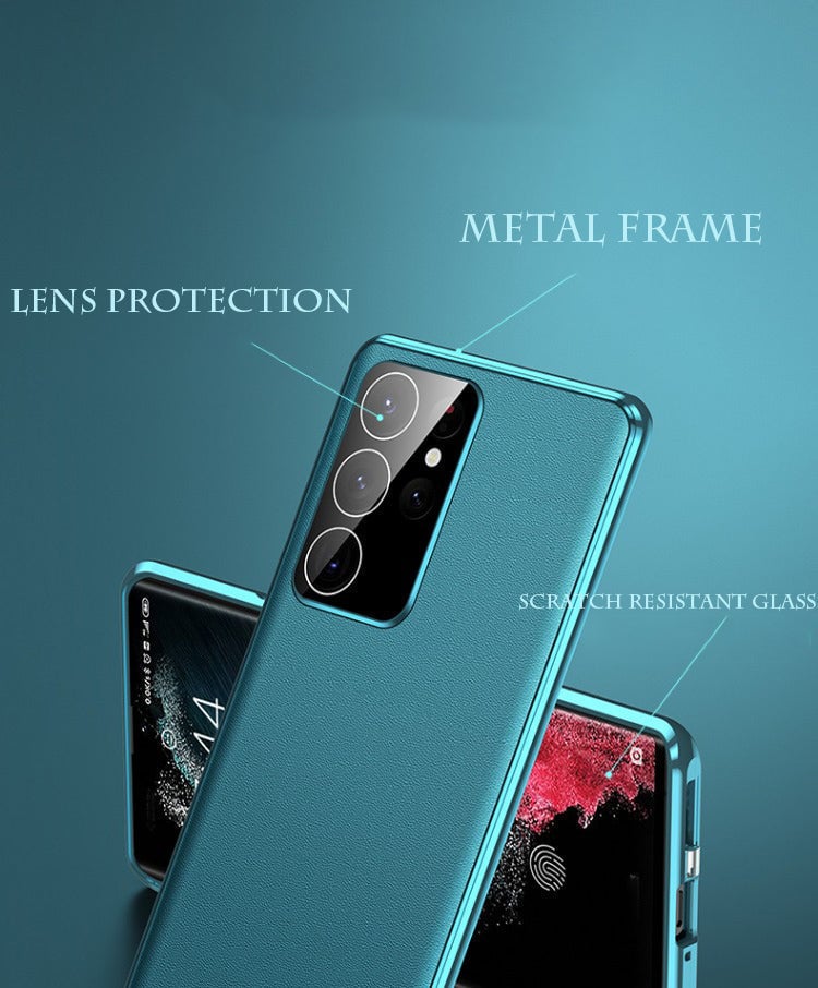 Coque magnétique double face en cuir + verre pour Samsung S23 Ultra