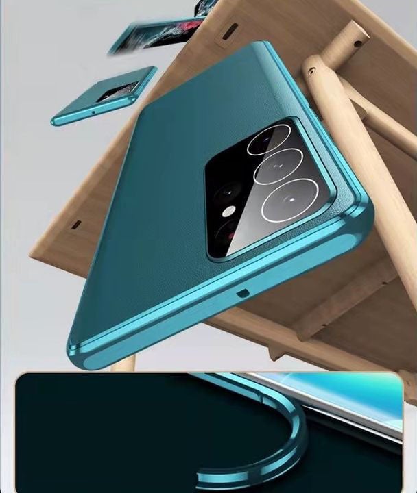 Coque magnétique double face en cuir + verre pour Samsung S23 Ultra