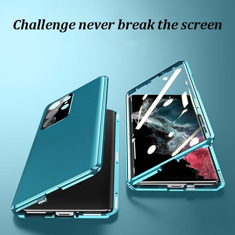 Coque magnétique double face en cuir + verre pour Samsung S23 Ultra