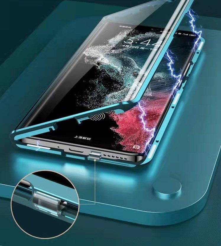 Coque magnétique double face en cuir + verre pour Samsung S23 Ultra