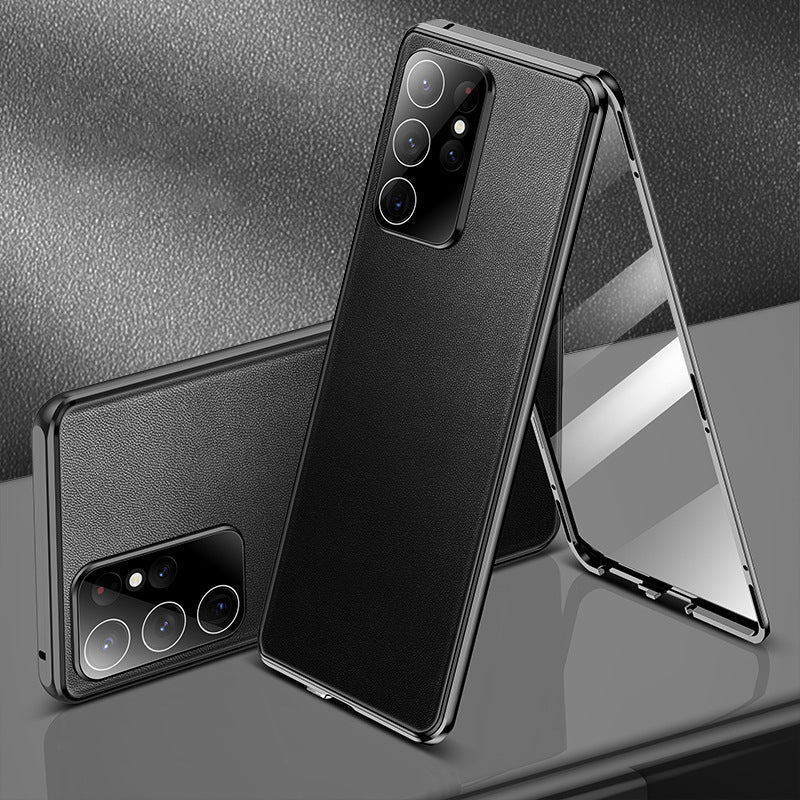 Coque magnétique double face en cuir + verre pour Samsung S23 Ultra