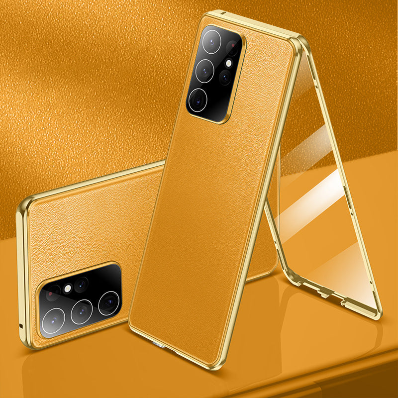 Coque magnétique double face en cuir + verre pour Samsung S23 Ultra