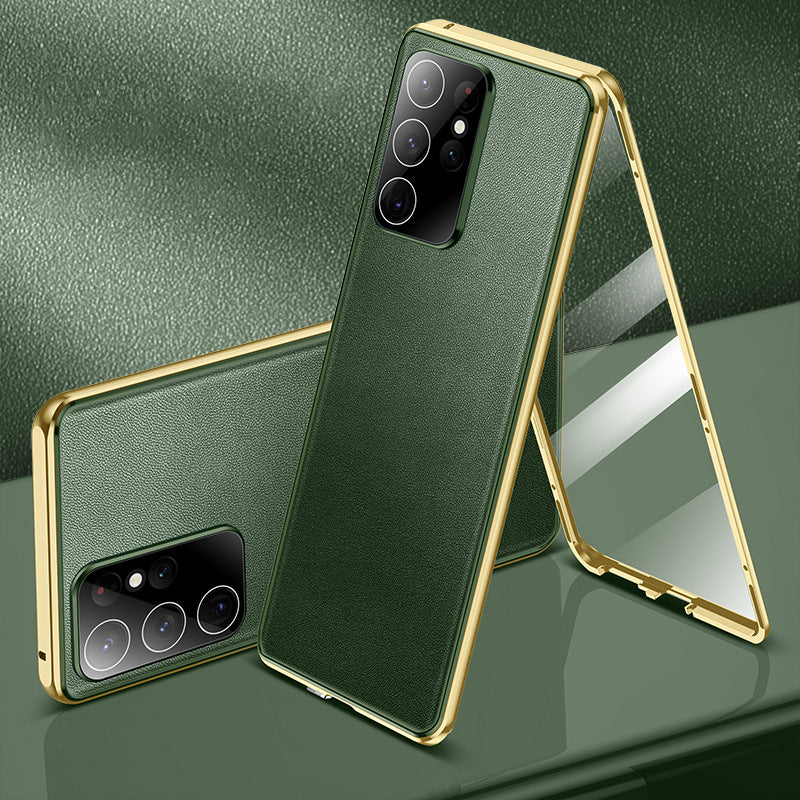Coque magnétique double face en cuir + verre pour Samsung S23 Ultra