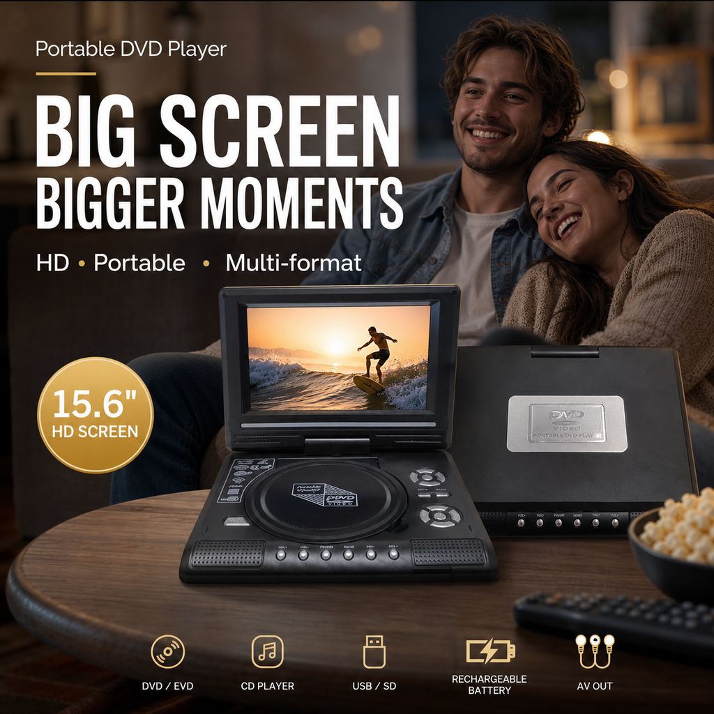 📺 Lecteur DVD/EVD portable HD 7,8 pouces – Grand écran | DVD/CD/USB/SD | Haut-parleurs intégrés | Sortie AV | Batterie rechargeable | Maison, voiture et voyage 🚗✈️