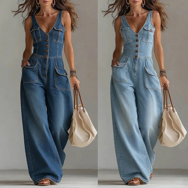 👖 OFFRE À DURÉE LIMITÉE 55 % DE RÉDUCTION ! 💥 Combinaison en Jean pour Femme – Fermeture Boutonnée, Jambes Larges✨