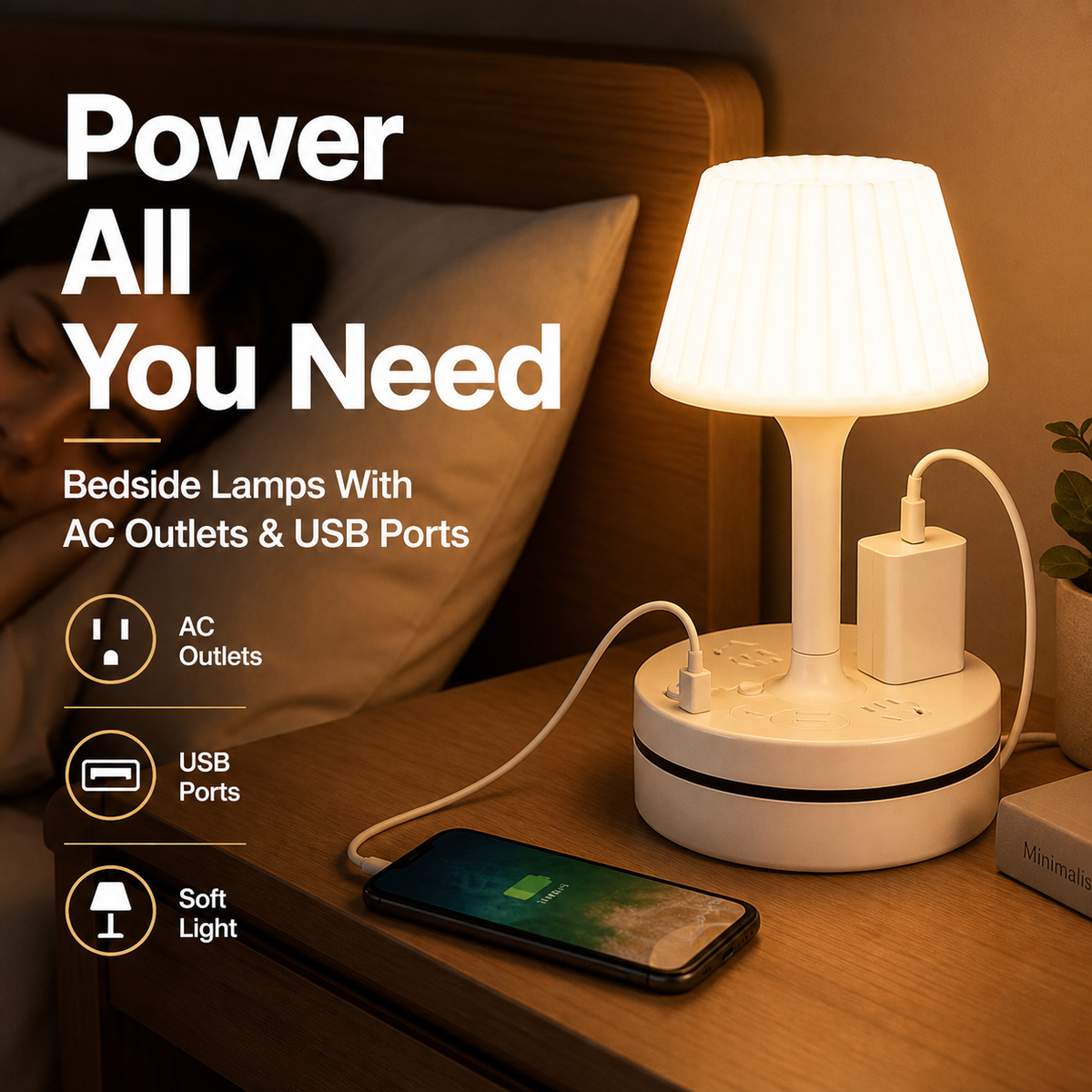 💡 Lampe de Chevet Multifonction | Prises CA et Recharge USB-C Intégrées 🔌 | Idéale pour Chambre et Bureau, Gain de Place 🛏️ | 3 Températures de Lumière 🌟