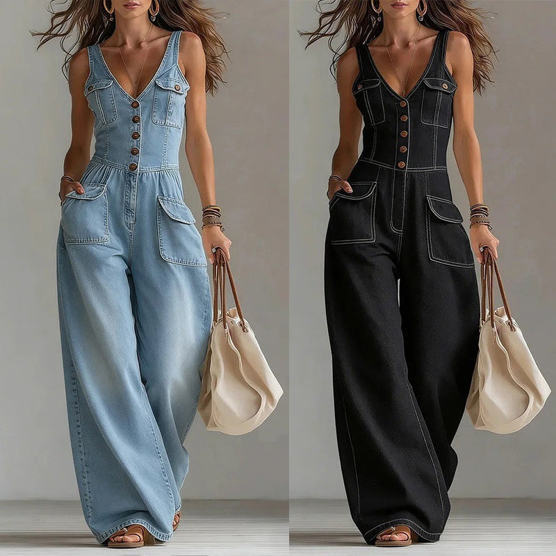 👖 OFFRE À DURÉE LIMITÉE 55 % DE RÉDUCTION ! 💥 Combinaison en Jean pour Femme – Fermeture Boutonnée, Jambes Larges✨