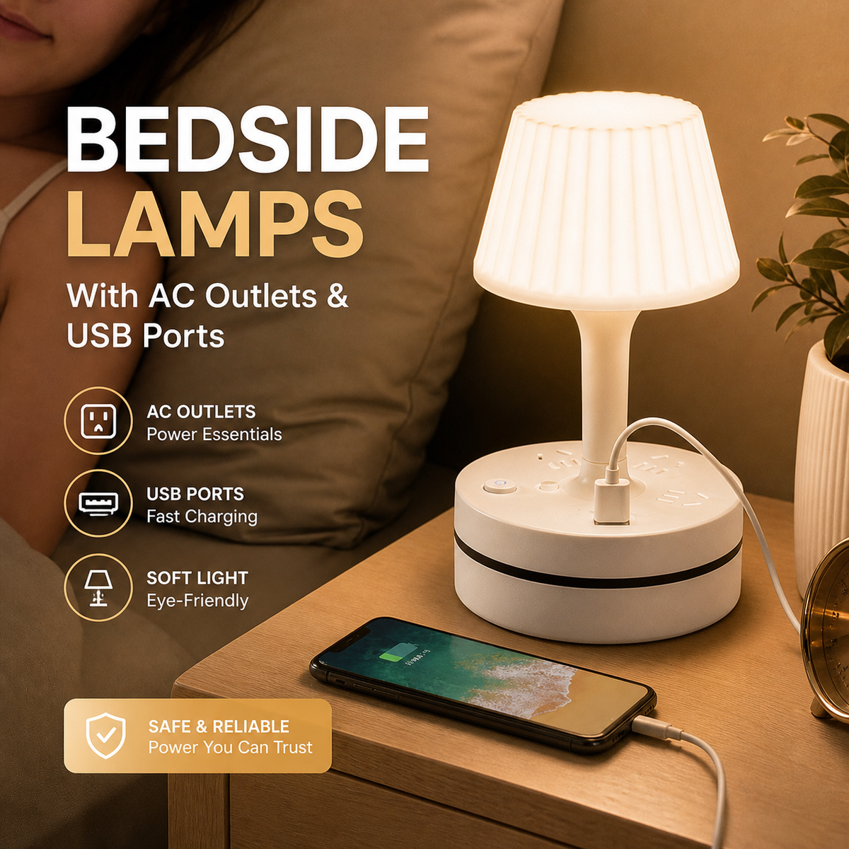 💡 Lampe de Chevet Multifonction | Prises CA et Recharge USB-C Intégrées 🔌 | Idéale pour Chambre et Bureau, Gain de Place 🛏️ | 3 Températures de Lumière 🌟