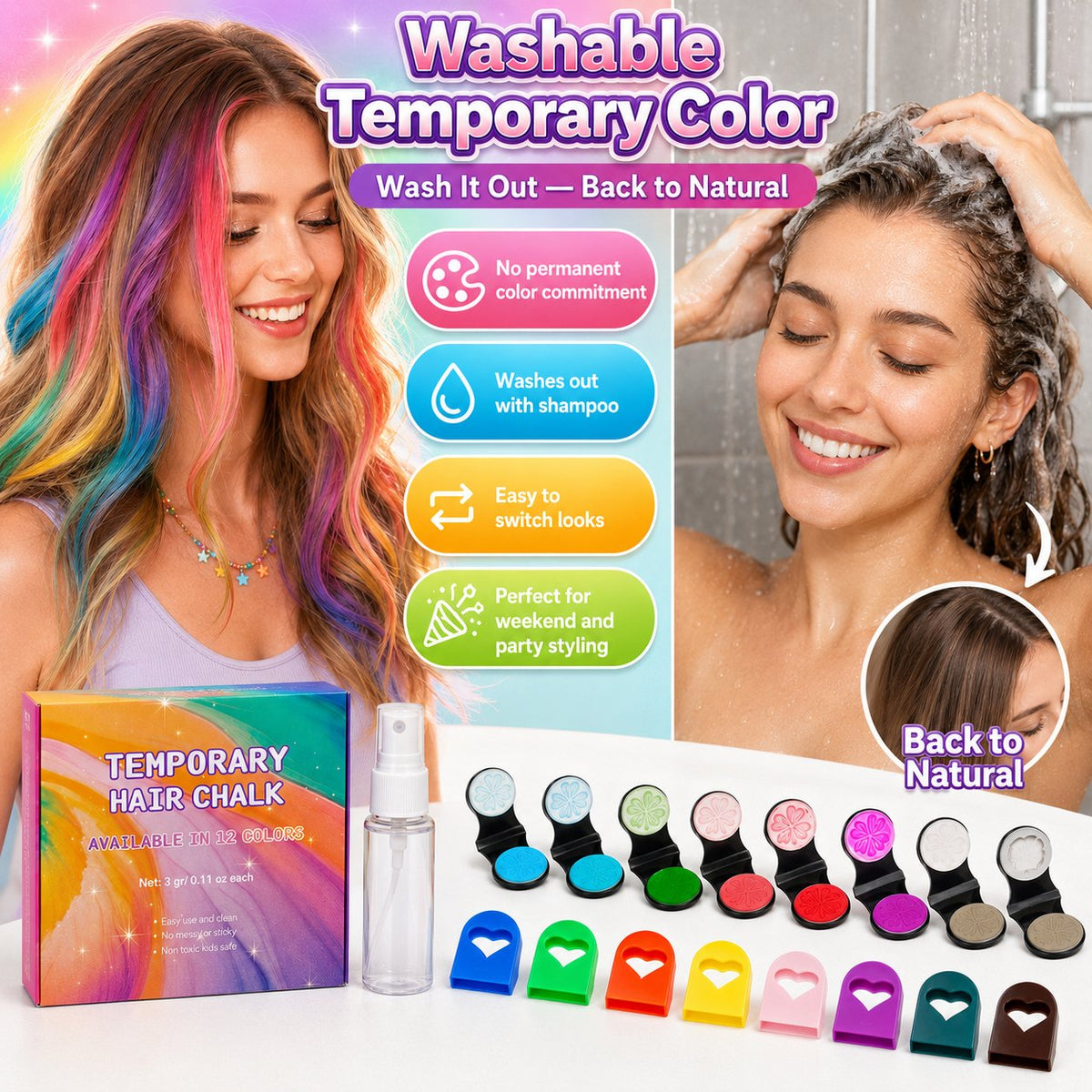 🌈 Craies Colorantes Temporaires pour Cheveux | 12 Couleurs Vibrantes 🎨 | Application Facile 🖐️ | Lavables au Shampooing 🧼 | Parfaites pour Fêtes et Cosplay 🎉
