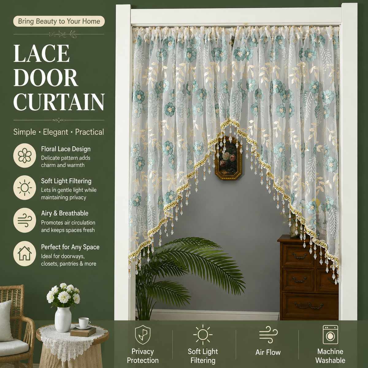 🌸 Rideau court de porte avec broderie florale et pompons ✨🧵 - Filtrage de lumière | Sans perçage | Polyester premium | 4 couleurs | Séparateur & Décoration | 50% DE RÉDUCTION