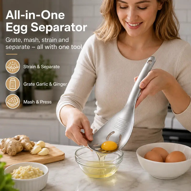 🥄 Ustensile de Cuisine 5-en-1 en Acier Inoxydable 304 - Sépare-œufs | Râpe à Ail et Gingembre | Écraseur | Filtre | Ouvre-bouteille | Poignée Ergonomique | 23 × 8 cm ✨