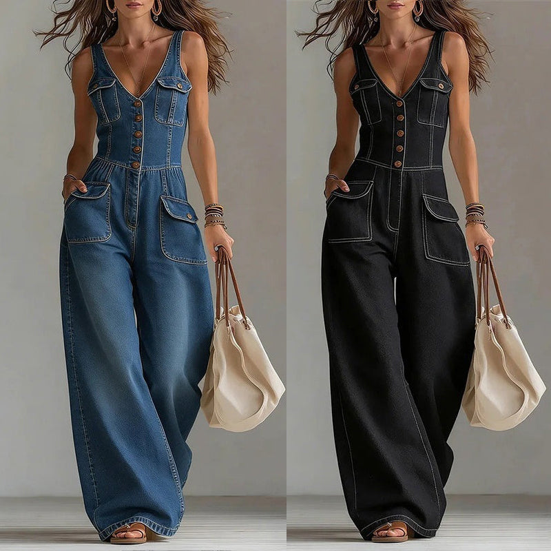 👖 OFFRE À DURÉE LIMITÉE 55 % DE RÉDUCTION ! 💥 Combinaison en Jean pour Femme – Fermeture Boutonnée, Jambes Larges✨