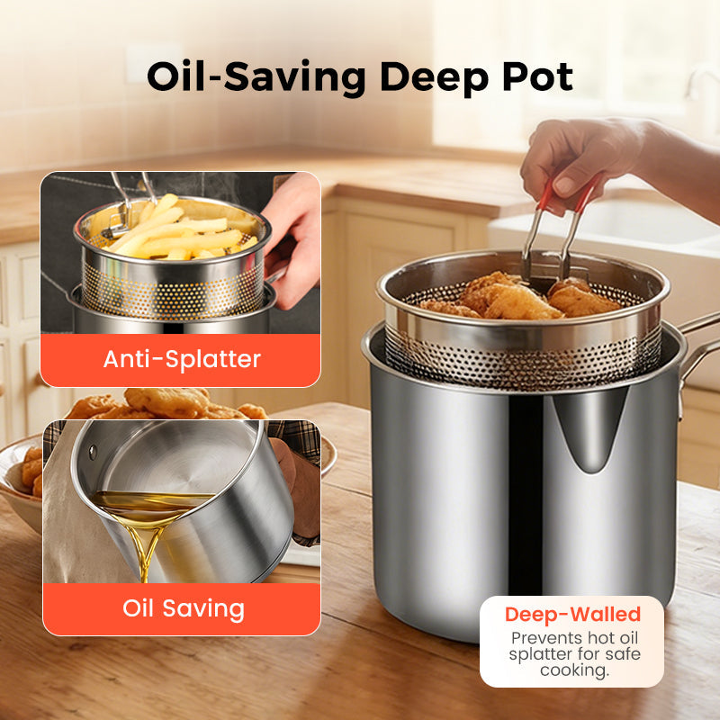 🍳 Friteuse Multifonctionnelle en Acier Inoxydable 304 – Avec Grille & Pinces | Antiadhésive | Facile à Nettoyer | Idéale pour Frire, Griller & Cuire ✨🍖