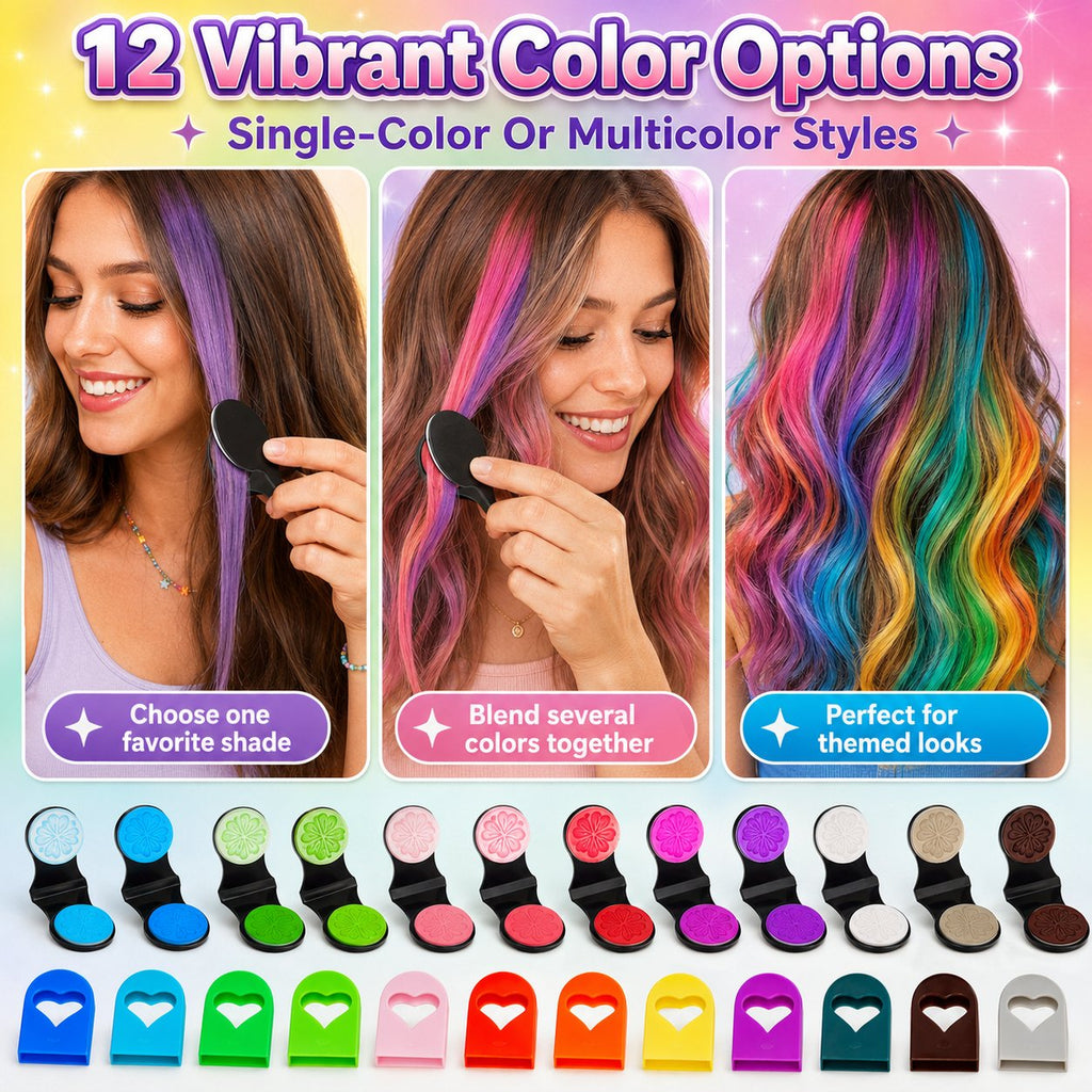🌈 Craies Colorantes Temporaires pour Cheveux | 12 Couleurs Vibrantes 🎨 | Application Facile 🖐️ | Lavables au Shampooing 🧼 | Parfaites pour Fêtes et Cosplay 🎉