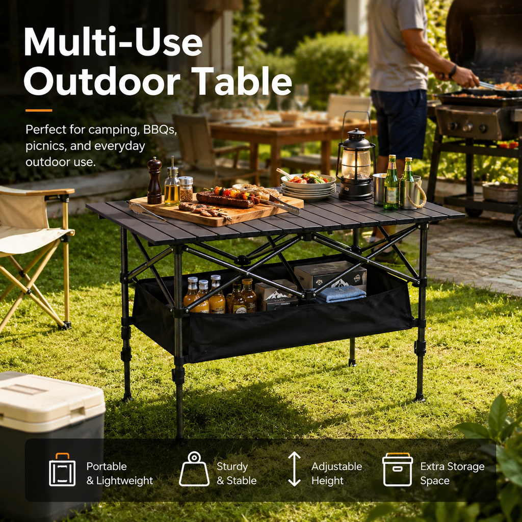 ⛰️🏏 Table de Camping Pliante en Acier au Carbone – Montage Sans Outils, Plateau 95x55cm, 2 Tailles Réglables, Sac Inclus – Pique-nique, Plein air & Jardin 🌳