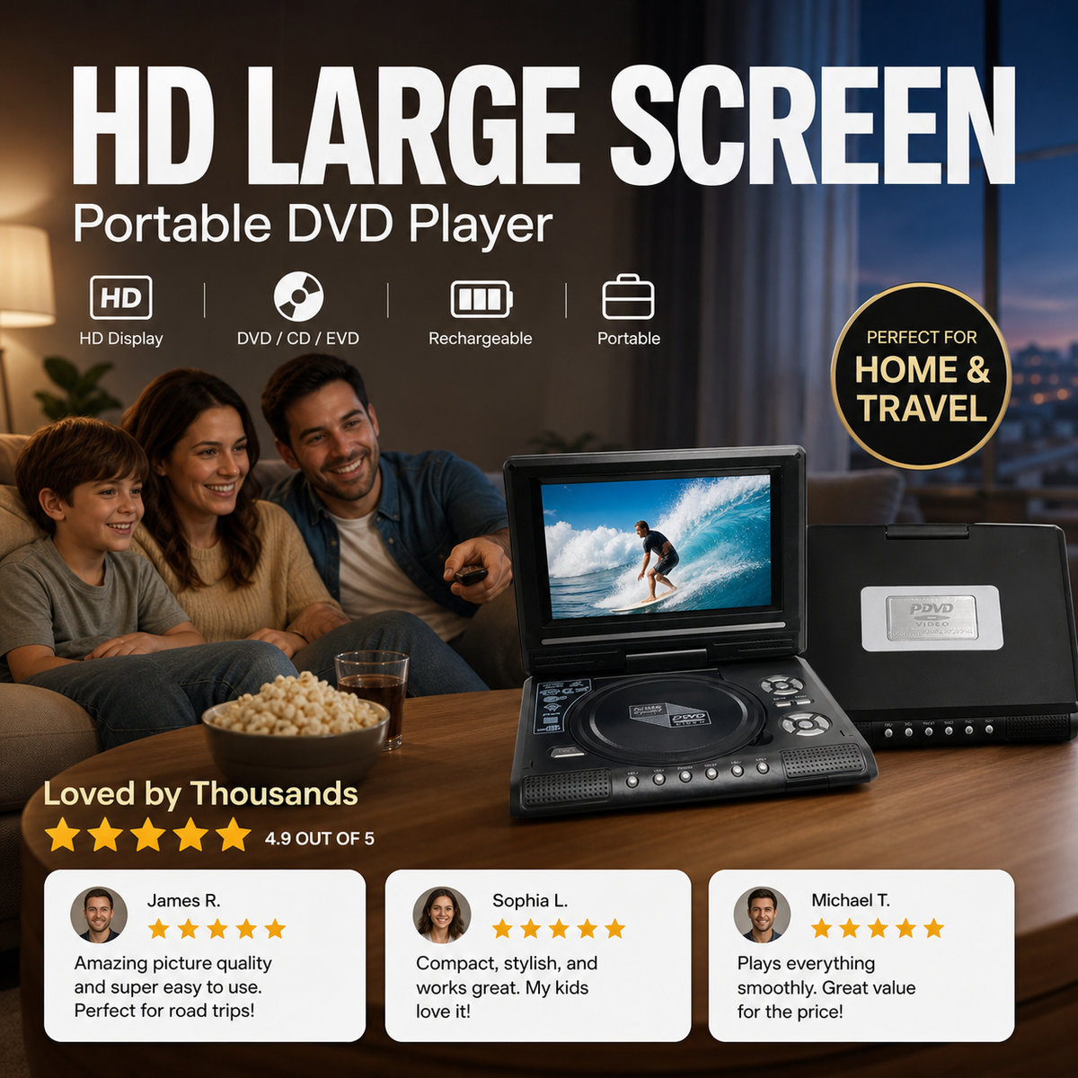 📺 Lecteur DVD/EVD portable HD 7,8 pouces – Grand écran | DVD/CD/USB/SD | Haut-parleurs intégrés | Sortie AV | Batterie rechargeable | Maison, voiture et voyage 🚗✈️
