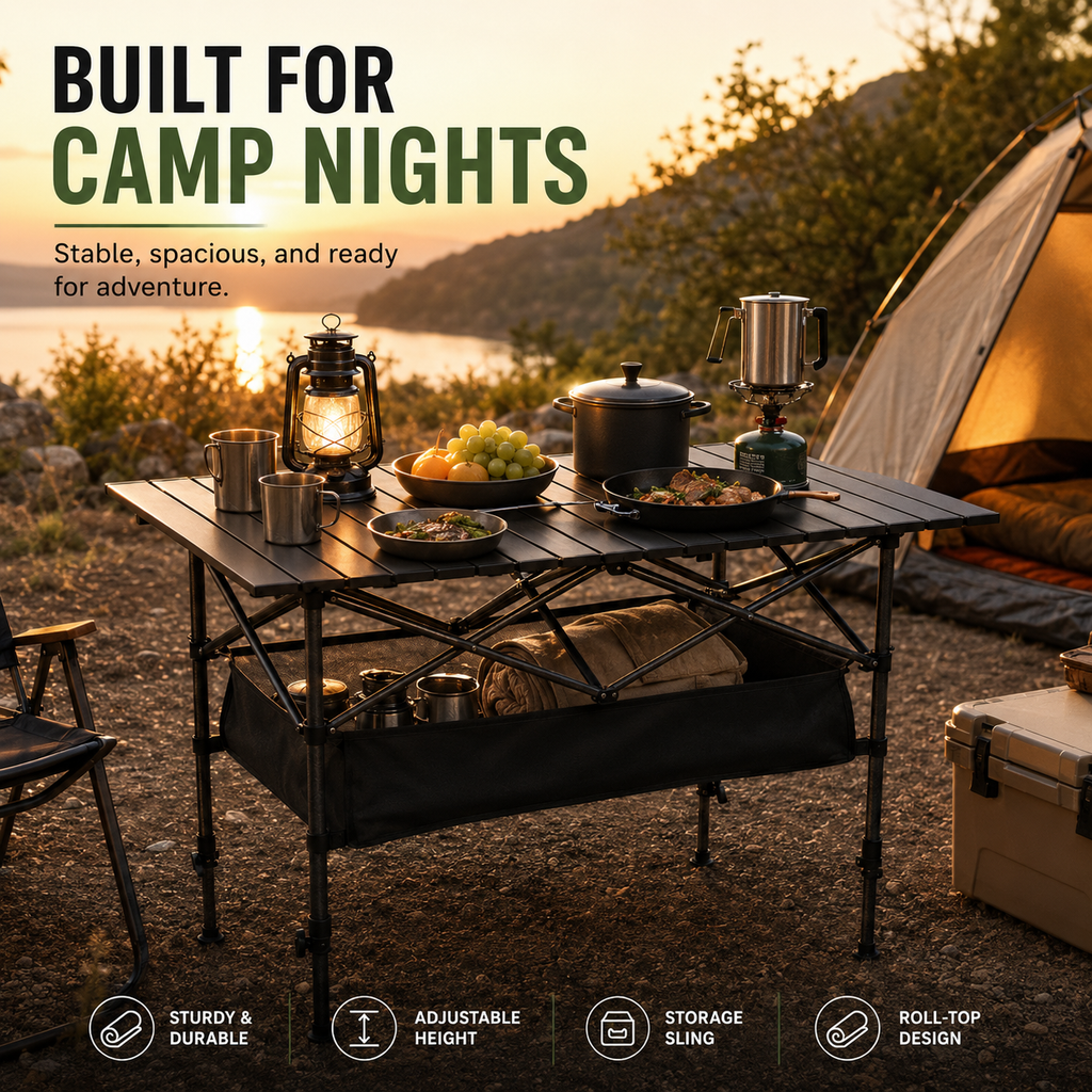 ⛰️🏏 Table de Camping Pliante en Acier au Carbone – Montage Sans Outils, Plateau 95x55cm, 2 Tailles Réglables, Sac Inclus – Pique-nique, Plein air & Jardin 🌳