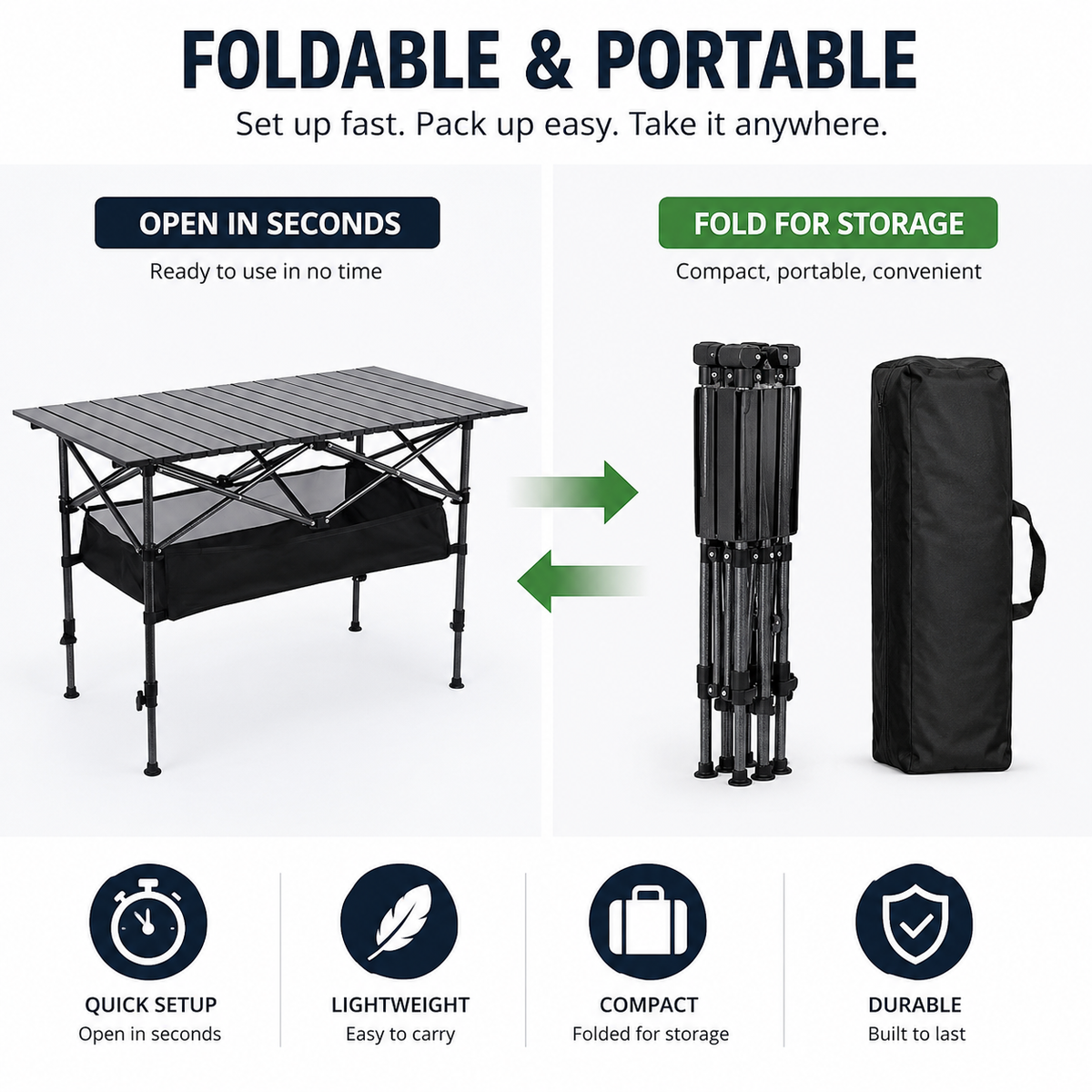 ⛰️🏏 Table de Camping Pliante en Acier au Carbone – Montage Sans Outils, Plateau 95x55cm, 2 Tailles Réglables, Sac Inclus – Pique-nique, Plein air & Jardin 🌳
