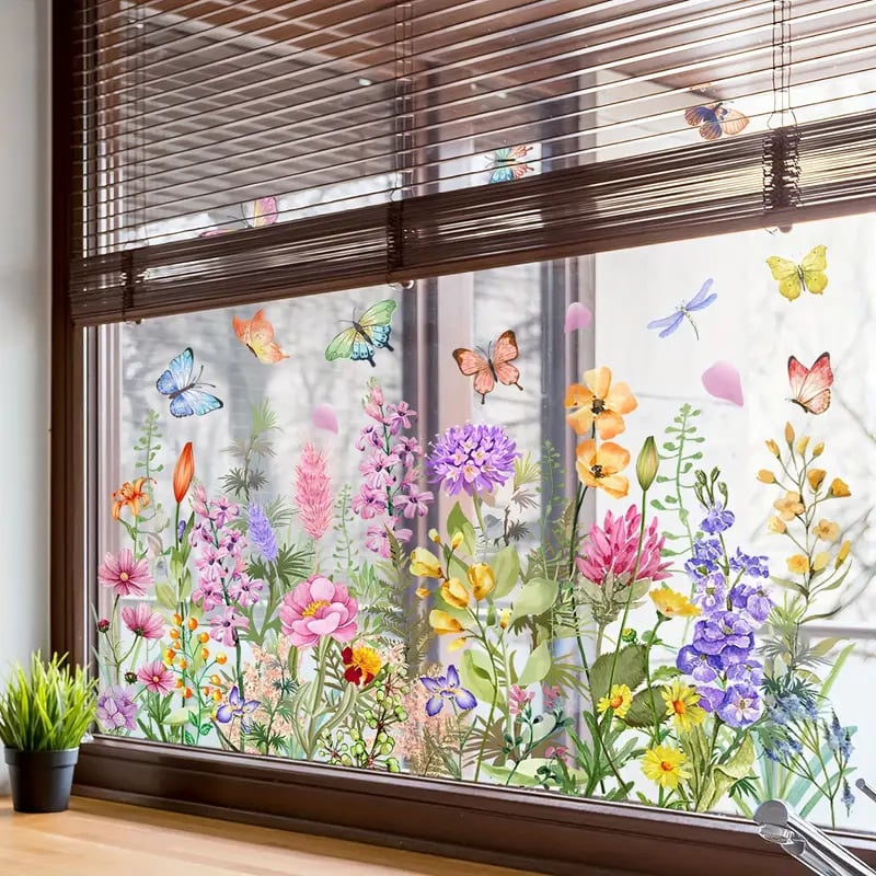 🌸🪩 Autocollant Décoratif de Fenêtre Bouquet Floral – Impression Recto-Verso, PVC Lavable, 30x60cm, Découpable – 12 Styles : Fleurs, Papillons & Peintures 🪴✨