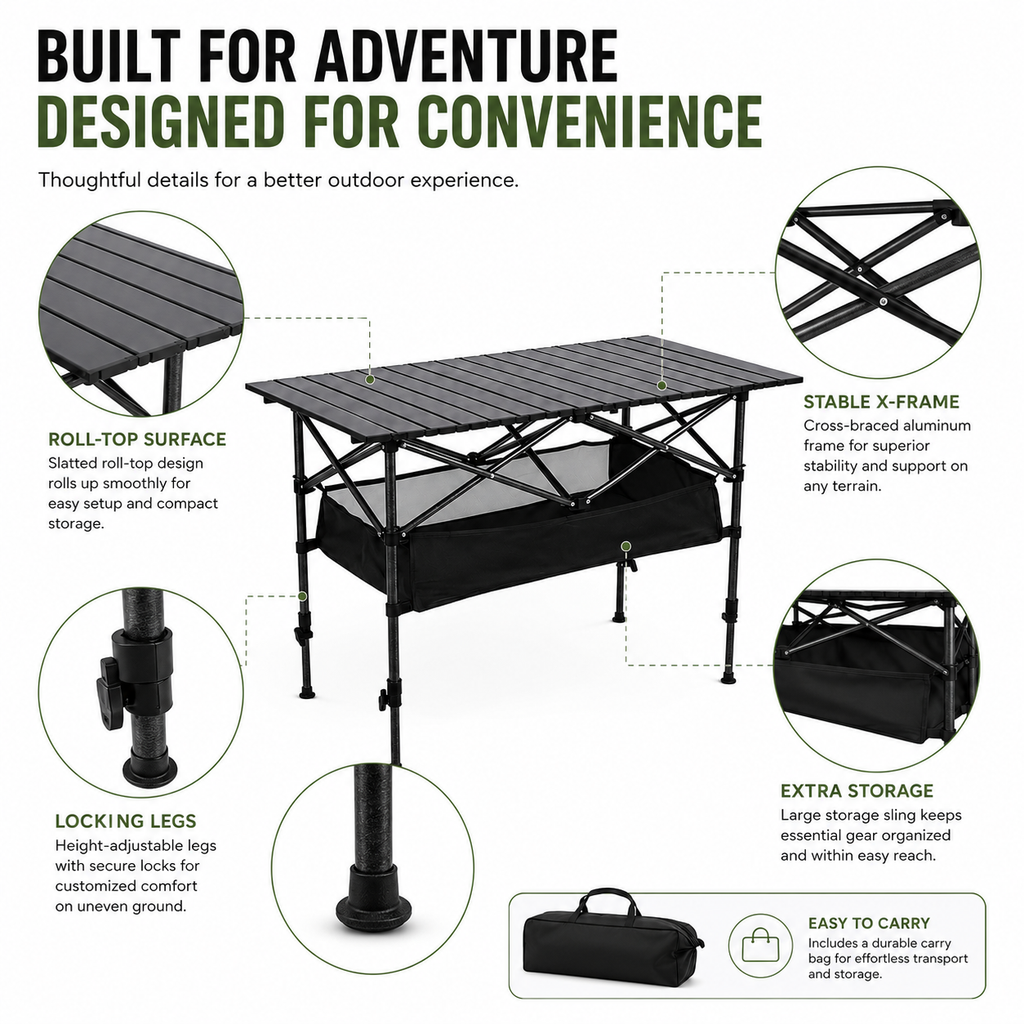 ⛰️🏏 Table de Camping Pliante en Acier au Carbone – Montage Sans Outils, Plateau 95x55cm, 2 Tailles Réglables, Sac Inclus – Pique-nique, Plein air & Jardin 🌳