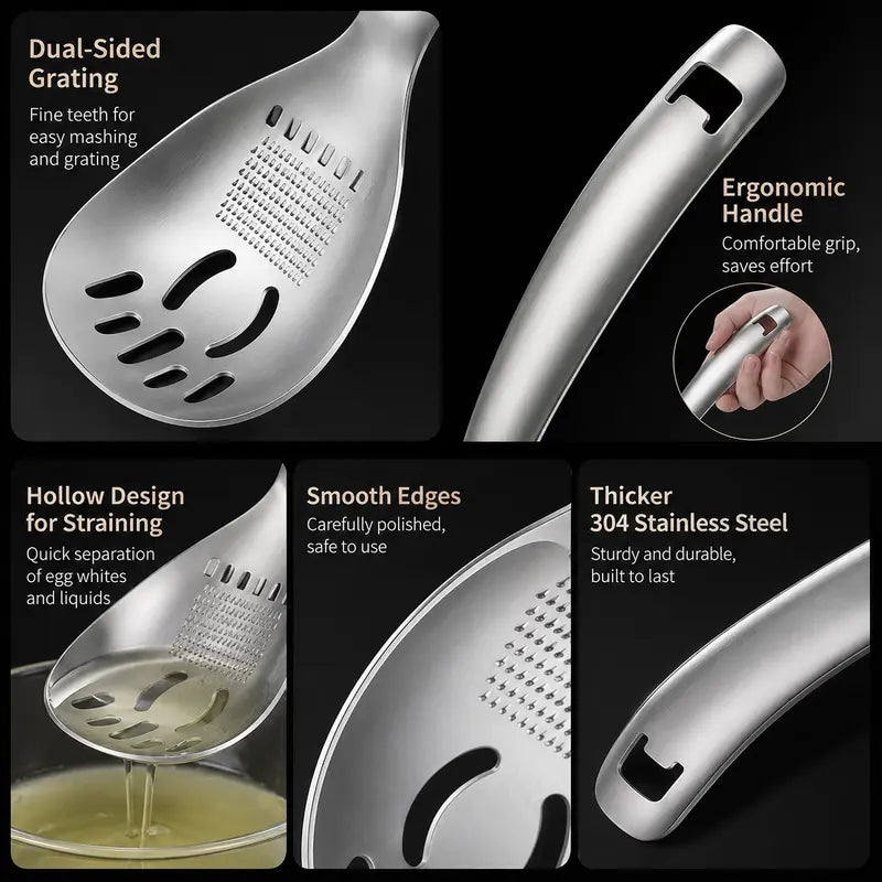 🥄 Ustensile de Cuisine 5-en-1 en Acier Inoxydable 304 - Sépare-œufs | Râpe à Ail et Gingembre | Écraseur | Filtre | Ouvre-bouteille | Poignée Ergonomique | 23 × 8 cm ✨