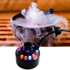 💨 Machine à Brouillard Ultrasonique avec 12 LED – 24V 1A, 130x75x65mm, 230g, Brume Froide Sans Produits Chimiques, Seulement de l'Eau – Pour Halloween, Fontaines, Aquariums & Humidificateurs ✨🌈