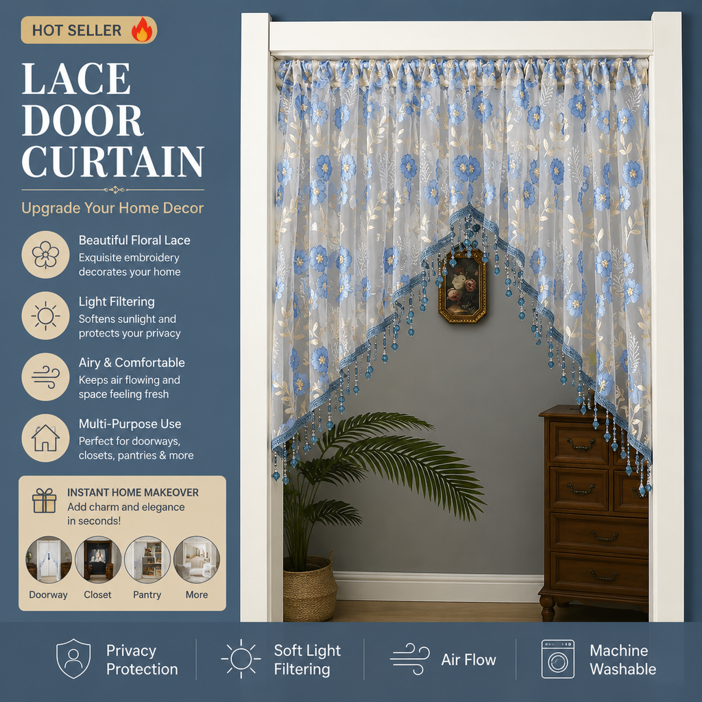 🌸 Rideau court de porte avec broderie florale et pompons ✨🧵 - Filtrage de lumière | Sans perçage | Polyester premium | 4 couleurs | Séparateur & Décoration | 50% DE RÉDUCTION