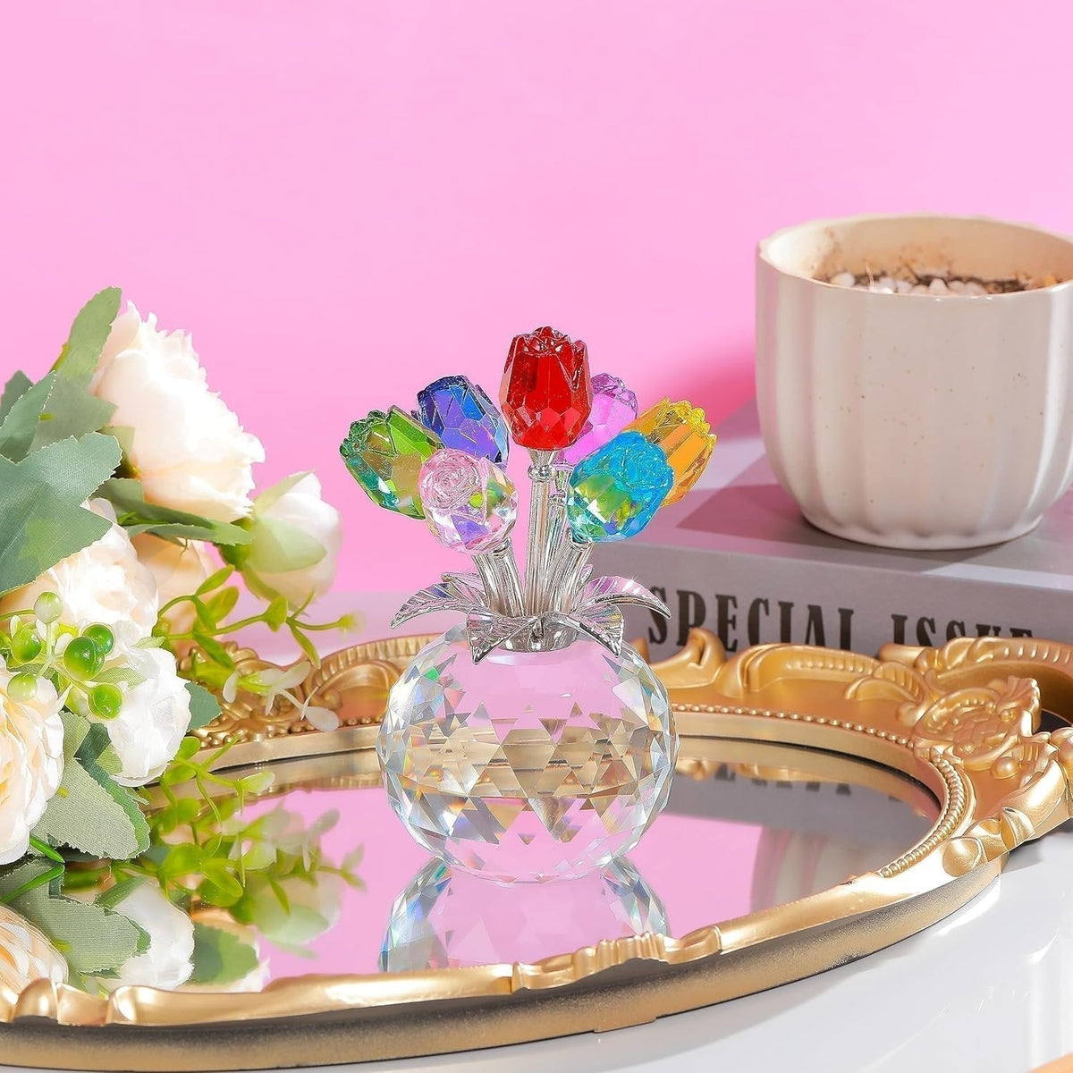 💐 50 % DE RÉDUCTION ! ✨ Statuette de fleurs roses en cristal avec vase – Décoration élégante, faite à la main et idée cadeau parfaite 🎁
