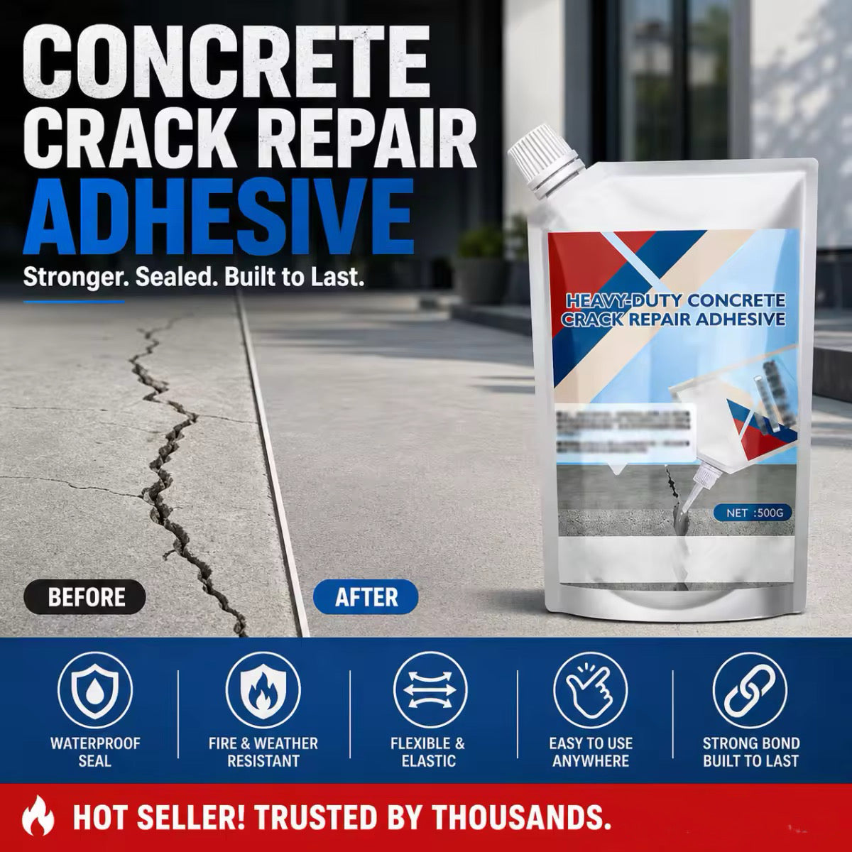 👷‍♂️ Adhésif Haute Résistance pour Fissures de Béton 🏠✨ - Imperméable | Séchage Rapide | Utilisation Intérieure & Extérieure | 200g / 500g | 50% DE RÉDUCTION
