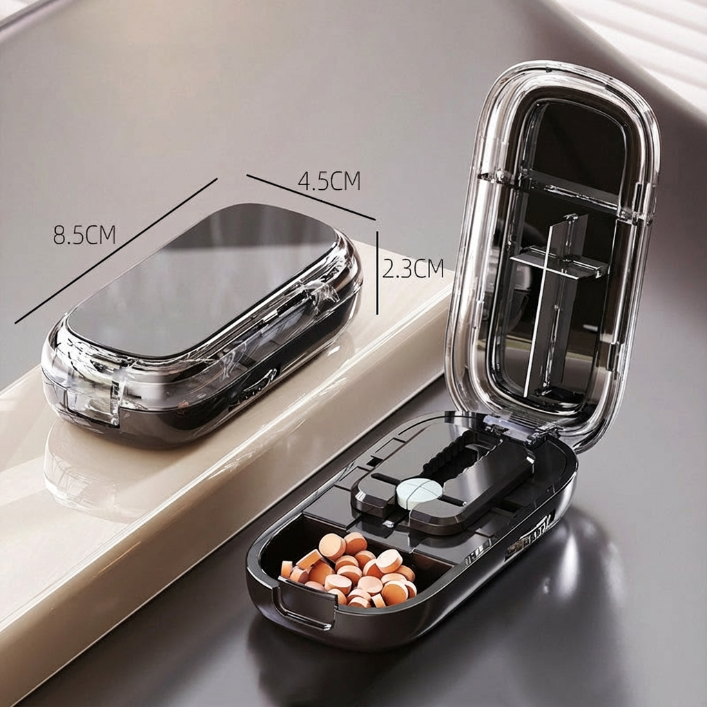 💊Coupe-pilule Portable avec Boîte à Pilules | Coupe Multiple Précise | 🛡️ Lames en Acier Inoxydable | 👜 Compact et Sûr pour les Voyages