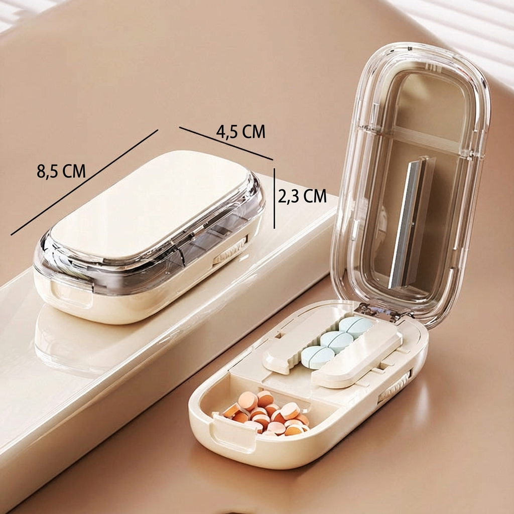 💊Coupe-pilule Portable avec Boîte à Pilules | Coupe Multiple Précise | 🛡️ Lames en Acier Inoxydable | 👜 Compact et Sûr pour les Voyages