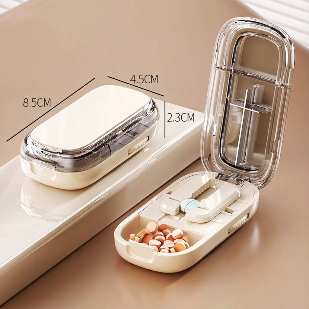 💊Coupe-pilule Portable avec Boîte à Pilules | Coupe Multiple Précise | 🛡️ Lames en Acier Inoxydable | 👜 Compact et Sûr pour les Voyages
