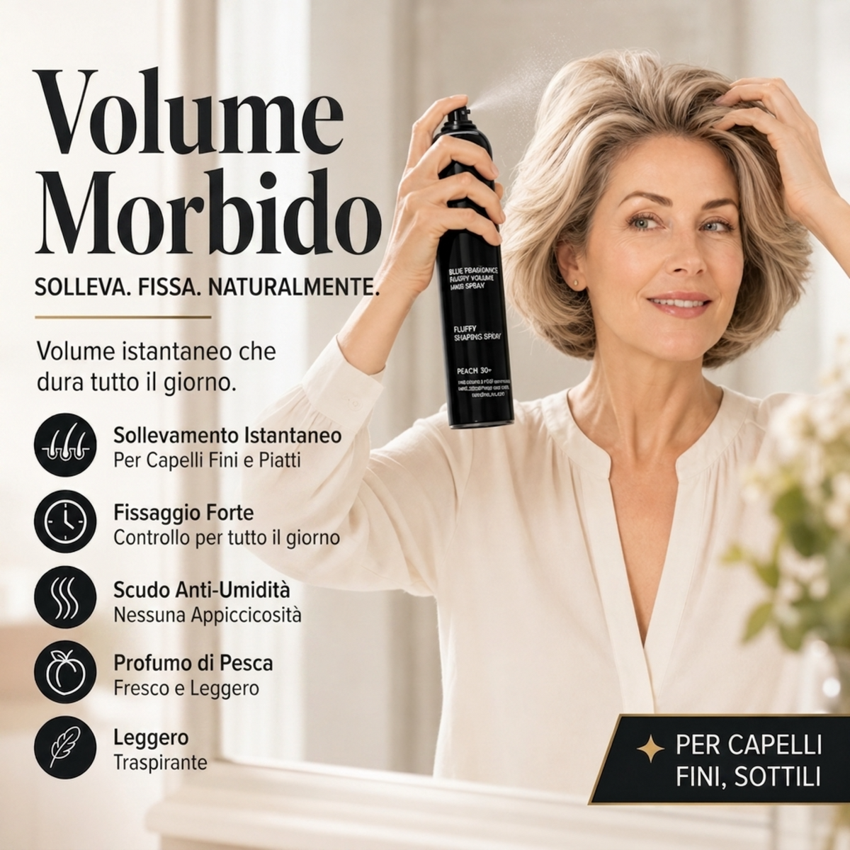 💇 Spray Coiffant Volumisant pour Cheveux – Formule Légère, Tenue Toute la Journée, Parfum Pêche – Idéal Cheveux Fins et Matures 🍑💪