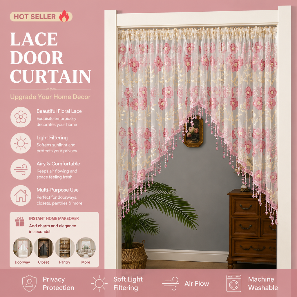 🌸 Rideau court de porte avec broderie florale et pompons ✨🧵 - Filtrage de lumière | Sans perçage | Polyester premium | 4 couleurs | Séparateur & Décoration | 50% DE RÉDUCTION