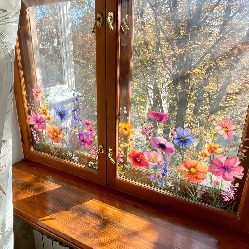 🌸🪩 Autocollant Décoratif de Fenêtre Bouquet Floral – Impression Recto-Verso, PVC Lavable, 30x60cm, Découpable – 12 Styles : Fleurs, Papillons & Peintures 🪴✨