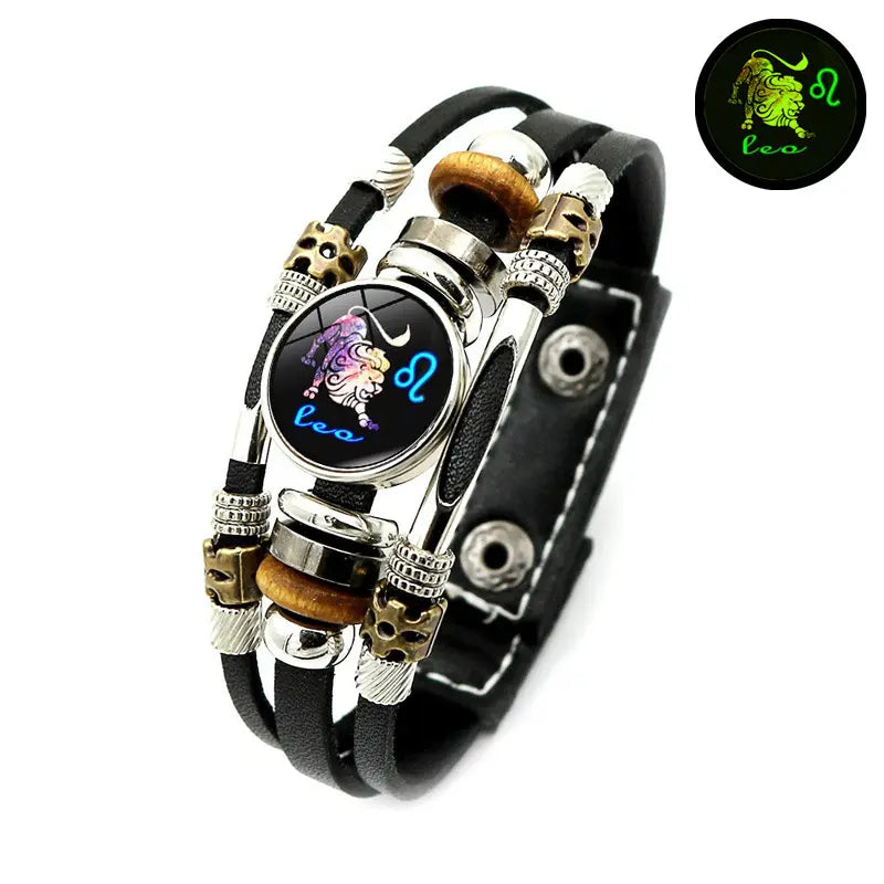 🔮 Bracelet Signe du Zodiaque Phosphorescent en Cuir – 12 Signes, Lumineux dans le Noir, Unisexe, 2 Tailles (17,5 / 20,6 cm) – Idée Cadeau Originale pour Homme & Femme 🌙💛