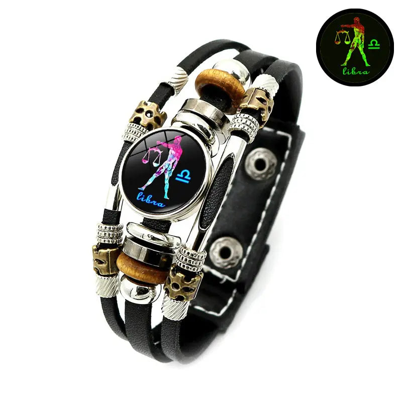 🔮 Bracelet Signe du Zodiaque Phosphorescent en Cuir – 12 Signes, Lumineux dans le Noir, Unisexe, 2 Tailles (17,5 / 20,6 cm) – Idée Cadeau Originale pour Homme & Femme 🌙💛