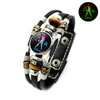 🔮 Bracelet Signe du Zodiaque Phosphorescent en Cuir – 12 Signes, Lumineux dans le Noir, Unisexe, 2 Tailles (17,5 / 20,6 cm) – Idée Cadeau Originale pour Homme & Femme 🌙💛