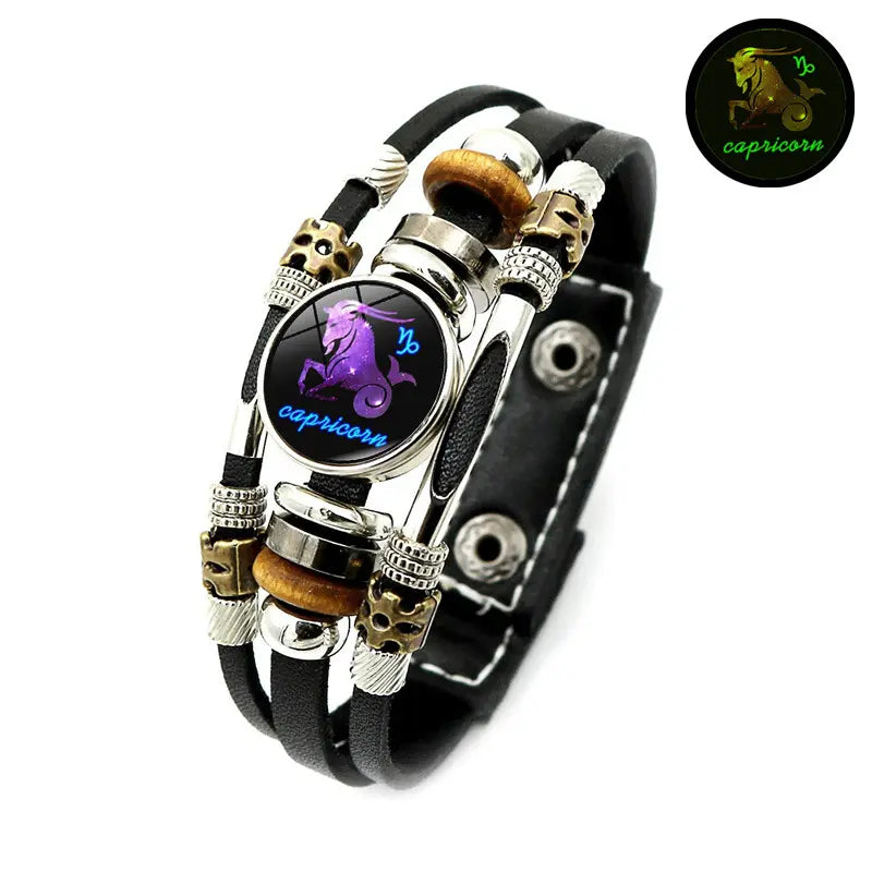 🔮 Bracelet Signe du Zodiaque Phosphorescent en Cuir – 12 Signes, Lumineux dans le Noir, Unisexe, 2 Tailles (17,5 / 20,6 cm) – Idée Cadeau Originale pour Homme & Femme 🌙💛