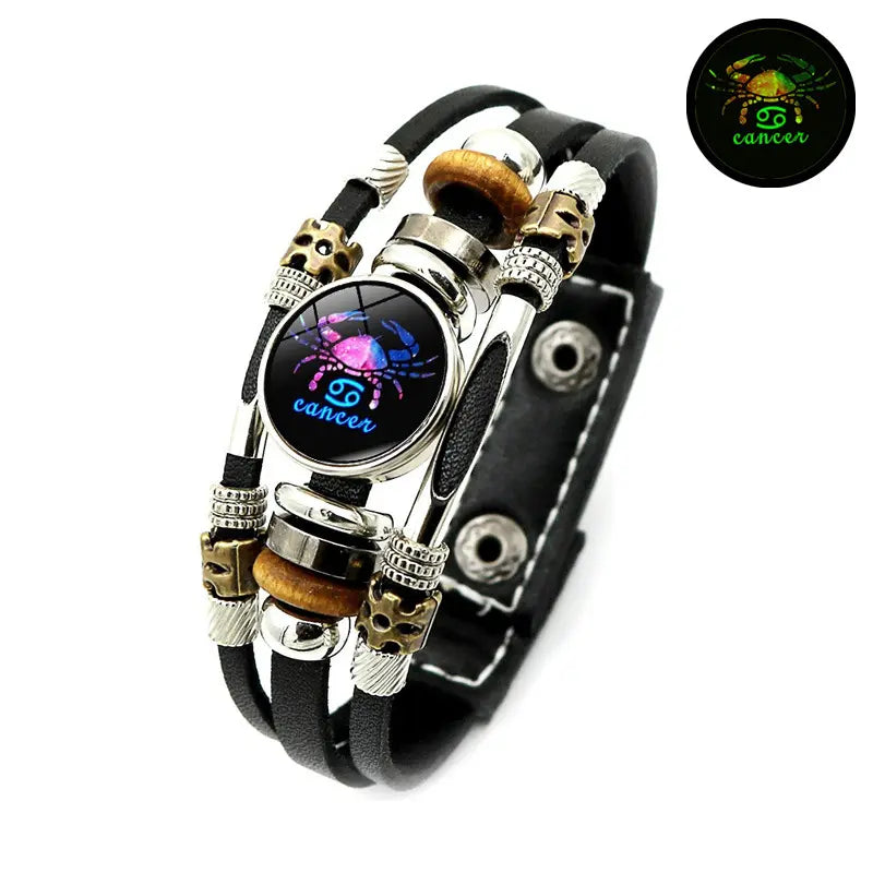 🔮 Bracelet Signe du Zodiaque Phosphorescent en Cuir – 12 Signes, Lumineux dans le Noir, Unisexe, 2 Tailles (17,5 / 20,6 cm) – Idée Cadeau Originale pour Homme & Femme 🌙💛