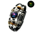 🔮 Bracelet Signe du Zodiaque Phosphorescent en Cuir – 12 Signes, Lumineux dans le Noir, Unisexe, 2 Tailles (17,5 / 20,6 cm) – Idée Cadeau Originale pour Homme & Femme 🌙💛
