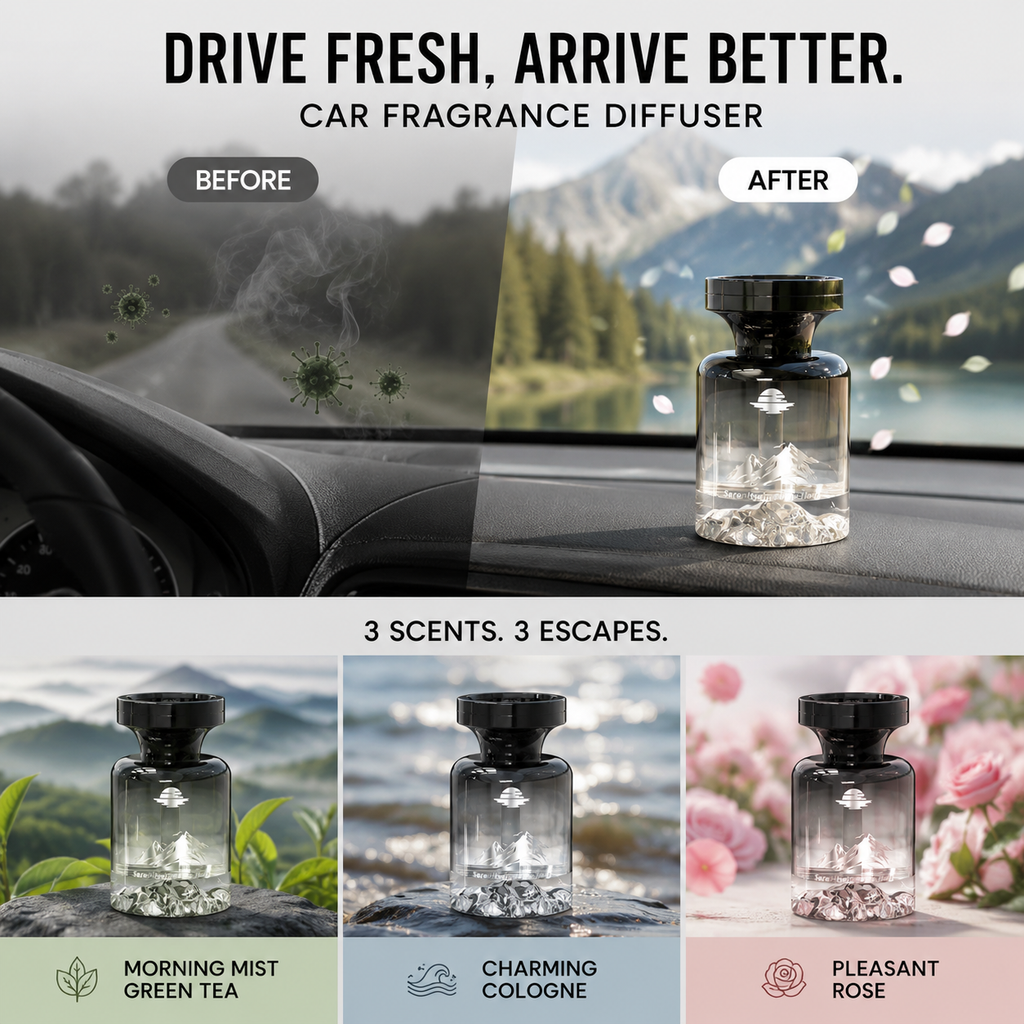 🌿 Désodorisant Voiture Design Montagne 110ml 🚗🏔️ - Extraits Naturels & Élimine les Odeurs | Parfum Longue Durée | 3 Parfums Premium (Longjing, Cologne, Rose) | Idéal pour Véhicules 💨