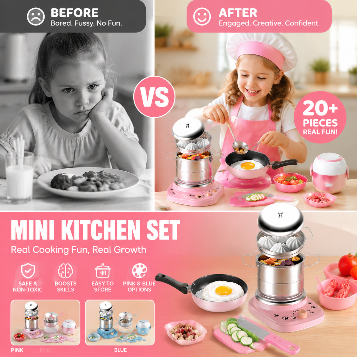 🍳 Mini Cuisine Jouet pour Enfants ✨👨‍🍳 - Ensemble 22 Pièces | Fonctionnelle & Réaliste | Rose & Bleu | Petits Chefs | Idée Cadeau Parfaite | 50% DE RÉDUCTION