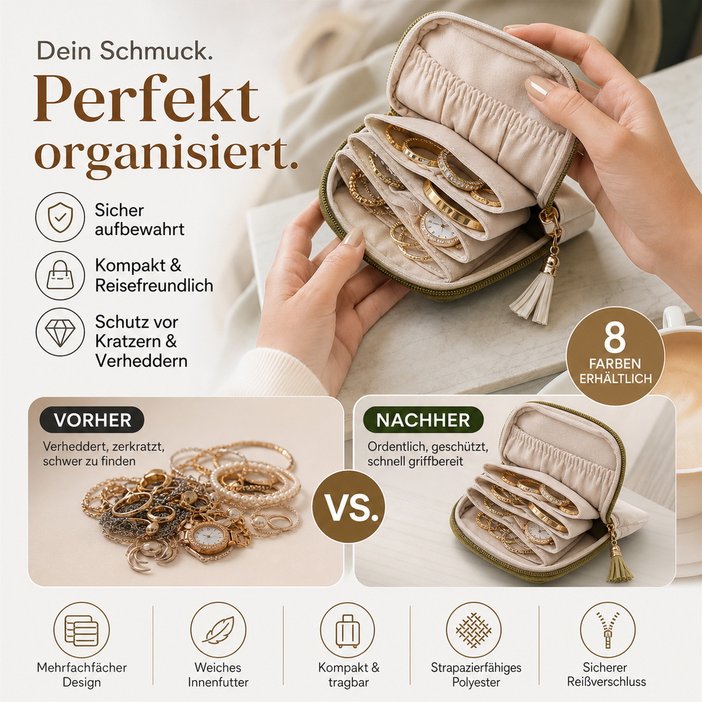 💎✨ Trousse à Bijoux Zippée avec Pompon – Intérieur Multi-Compartiments, Doublure Douce Anti-Rayures, Compacte & Idéale pour les Voyages – 8 Couleurs 🌈