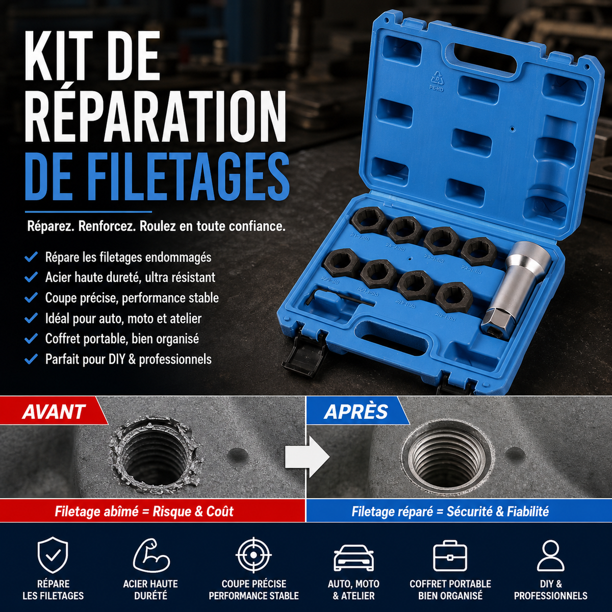 🔧✨ Kit Professionnel 10 Outils de Réparation de Filetages de Voiture – Répare les Vis et Boulons Endommagés, Universel – Indispensable pour Atelier & Bricolage 🚗🛠️