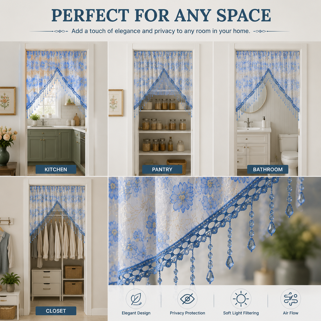 🌸 Rideau court de porte avec broderie florale et pompons ✨🧵 - Filtrage de lumière | Sans perçage | Polyester premium | 4 couleurs | Séparateur & Décoration | 50% DE RÉDUCTION